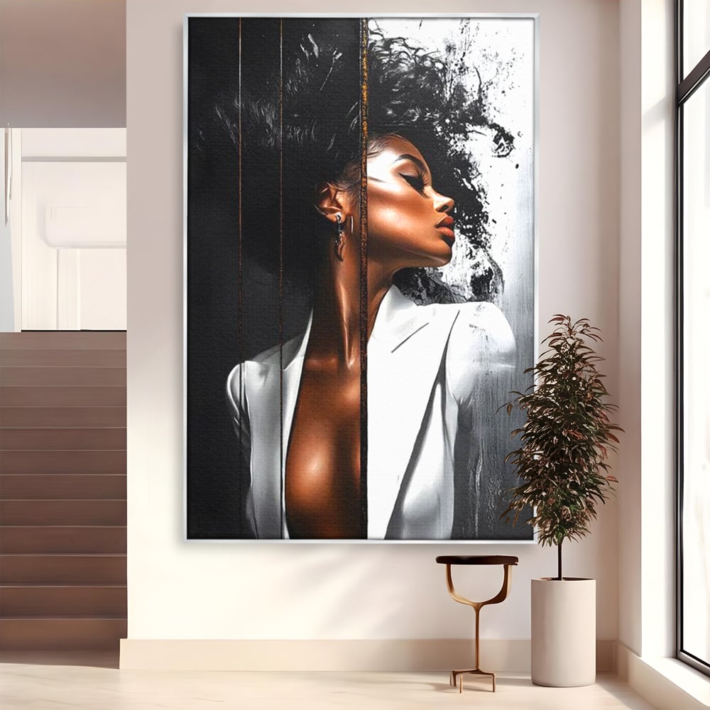 Tablou canvas cu tablou canvas cu portret feminin stilizat, in rama de aluminiu argintiu