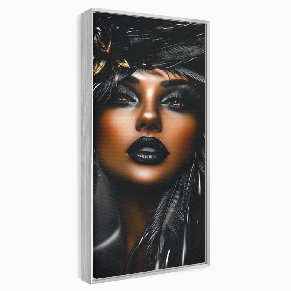 Tablou canvas cu tablou canvas cu portret artistic de femeie, in rama de aluminiu argintiu