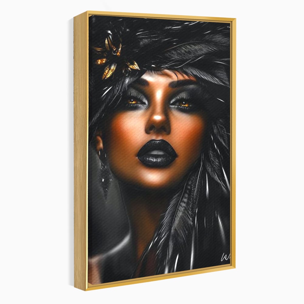 Tablou canvas cu tablou canvas cu portret artistic de femeie, in rama de aluminiu auriu