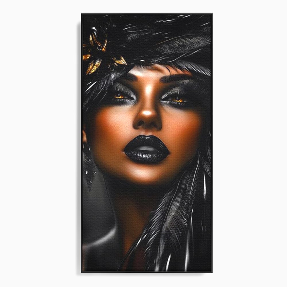 Tablou canvas cu tablou canvas cu portret artistic de femeie, in rama de aluminiu negru