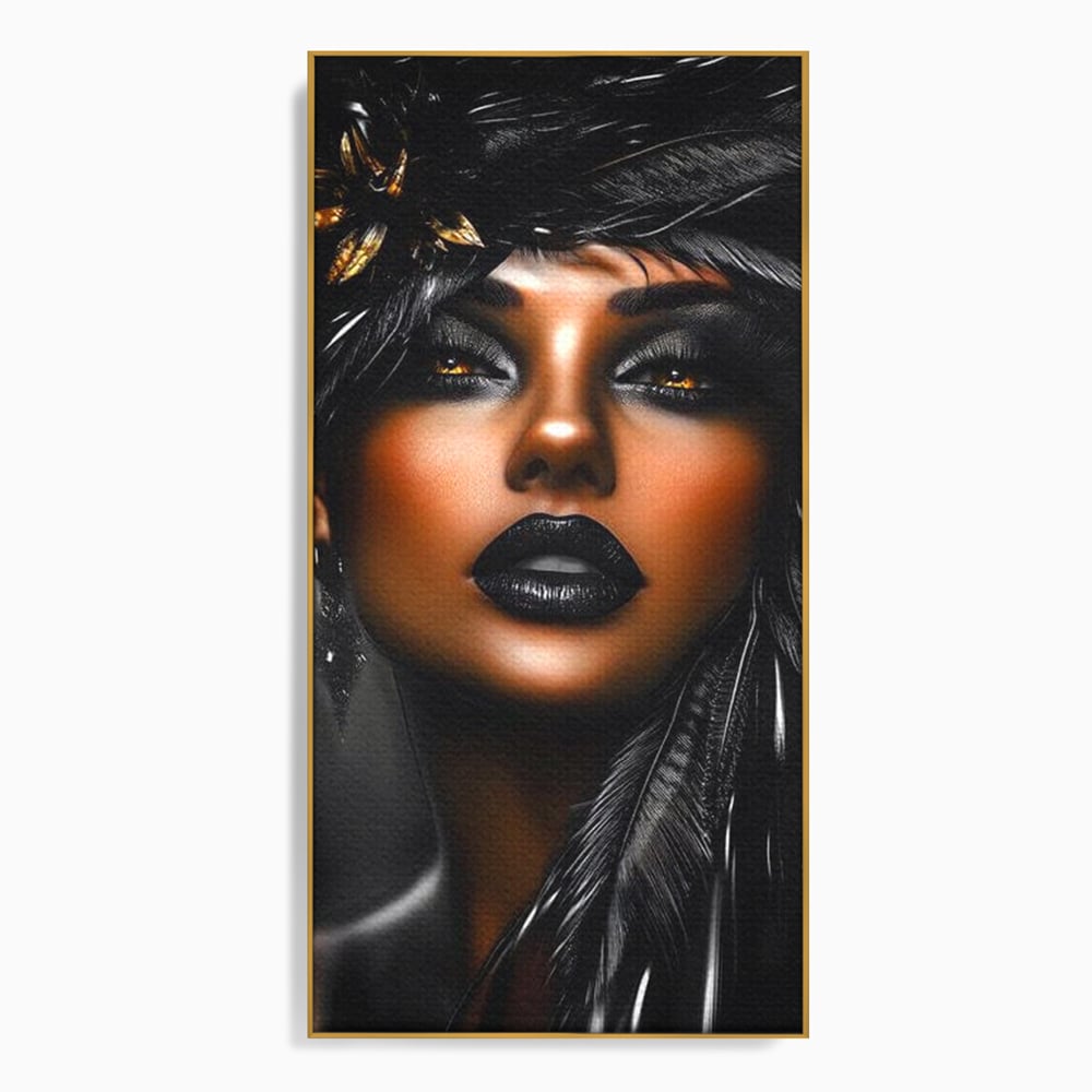 Tablou canvas cu tablou canvas cu portret artistic de femeie, in rama de aluminiu auriu