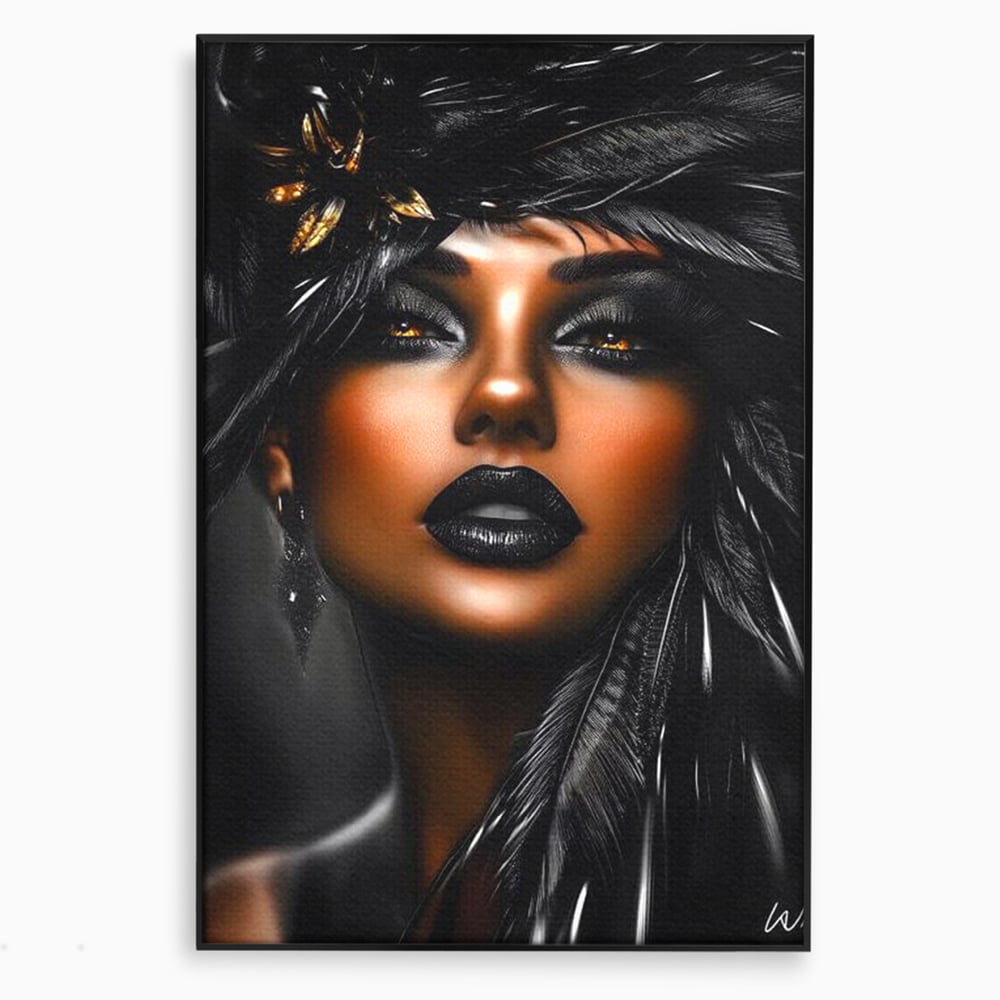 Tablou canvas cu tablou canvas cu portret artistic de femeie, in rama de aluminiu negru