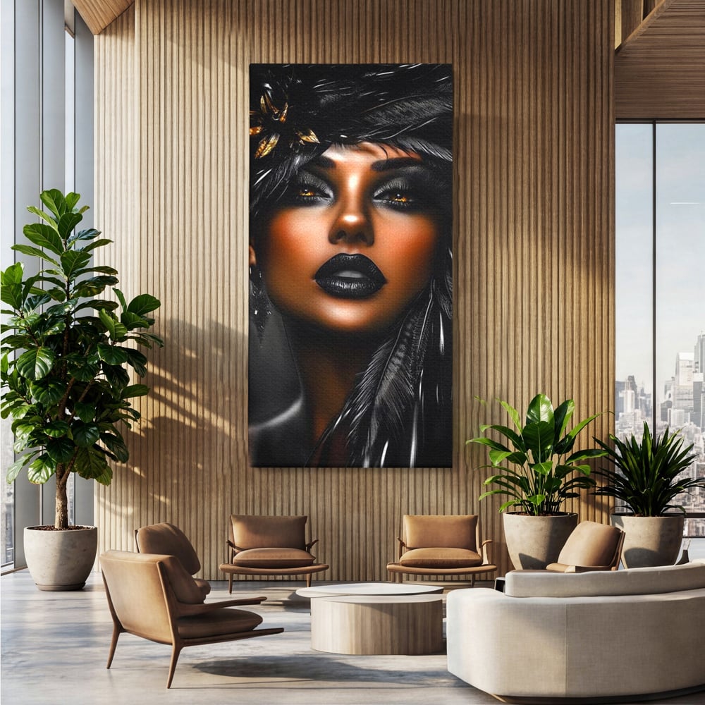 Tablou canvas cu tablou canvas cu portret artistic de femeie, fara rama, pe sasiu de lemn, pe perete intr-un birou