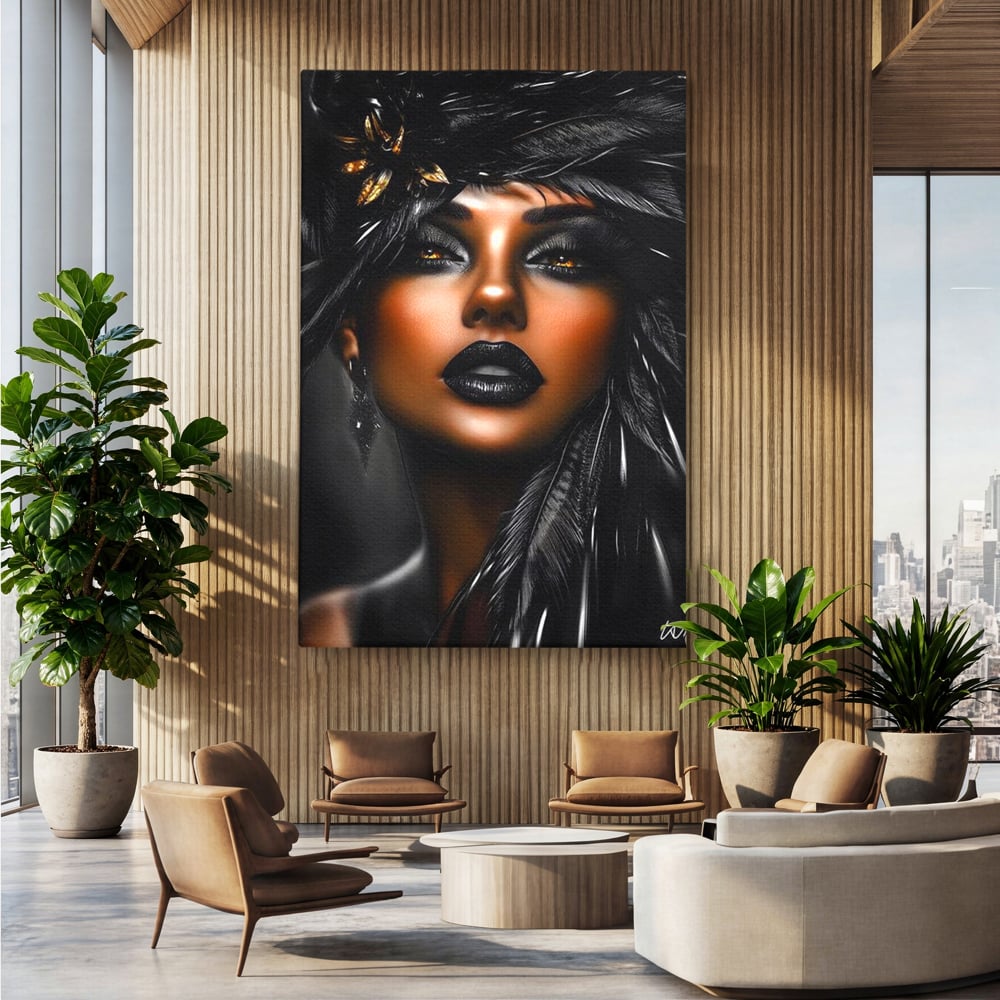 Tablou canvas cu tablou canvas cu portret artistic de femeie, fara rama, pe sasiu de lemn, pe perete intr-un birou