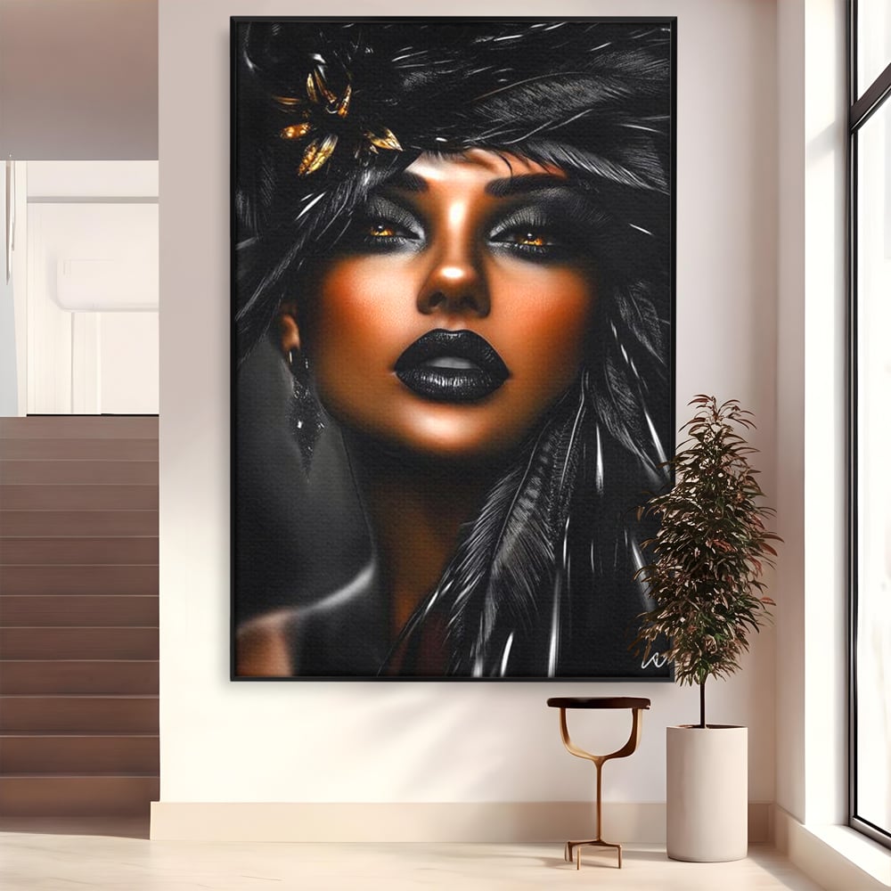 Tablou canvas cu tablou canvas cu portret artistic de femeie, in rama de aluminiu negru
