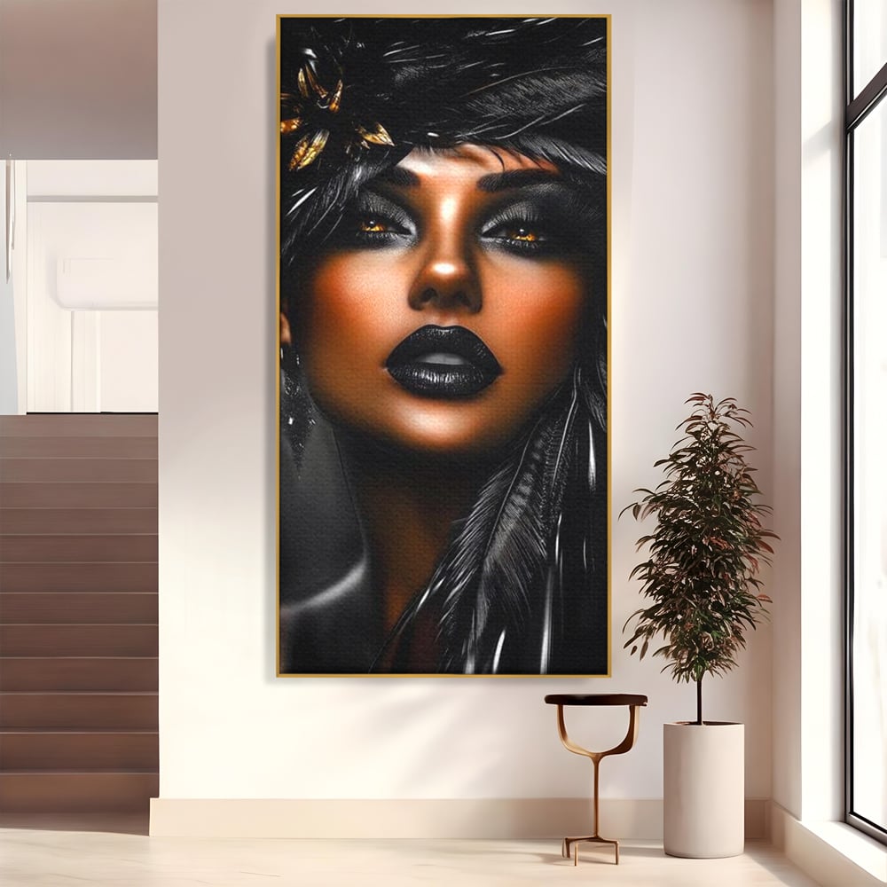 Tablou canvas cu tablou canvas cu portret artistic de femeie, in rama de aluminiu auriu
