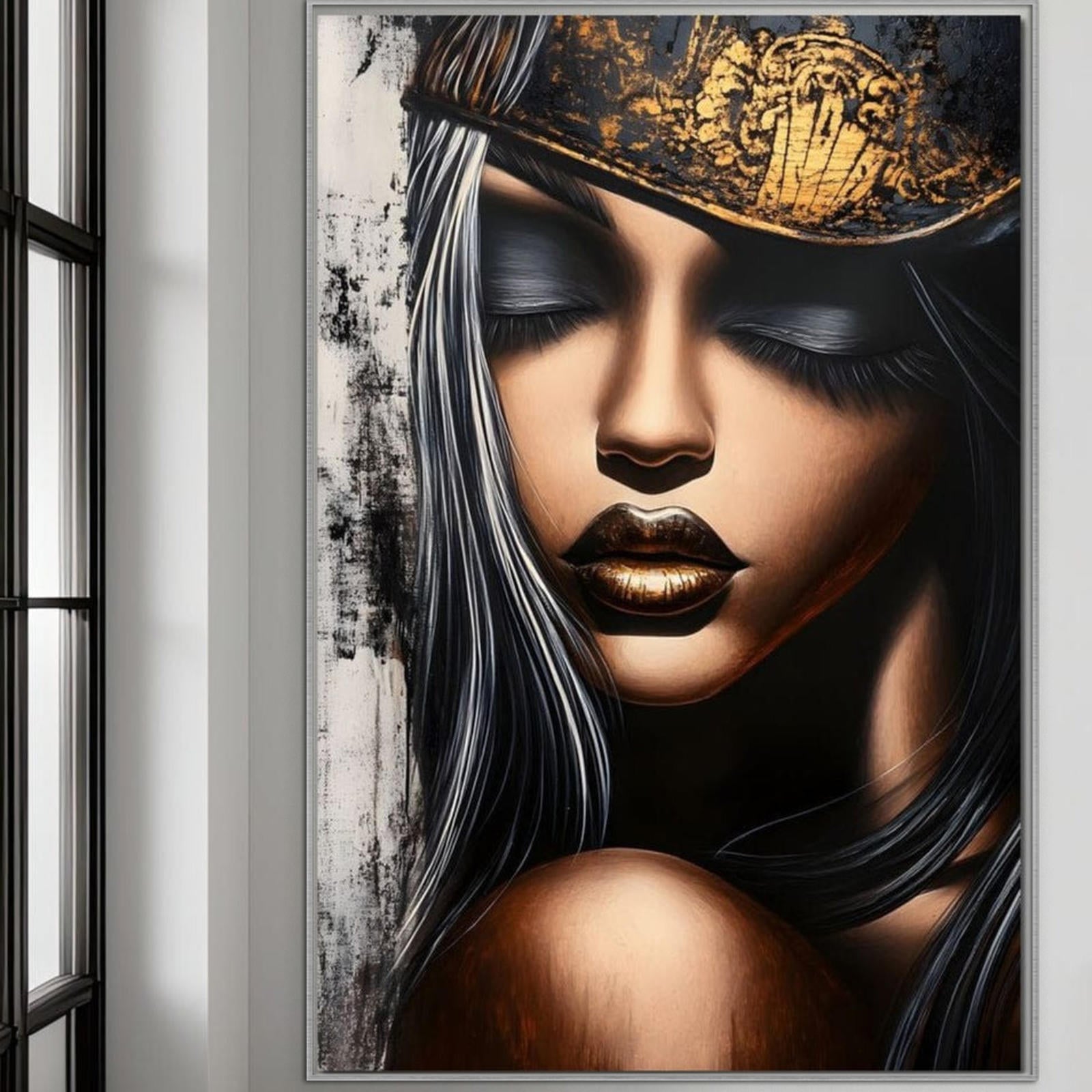 Tablou Canvas Premium, LuxCanva® G1184, Linistea Reginei, Imperial, Tacere, Aur, Meditatie, Regat, Coroana, Sclipire, Buze, Mister, Estetica, Opulenta, Lux, Birou, Living, Dormitor