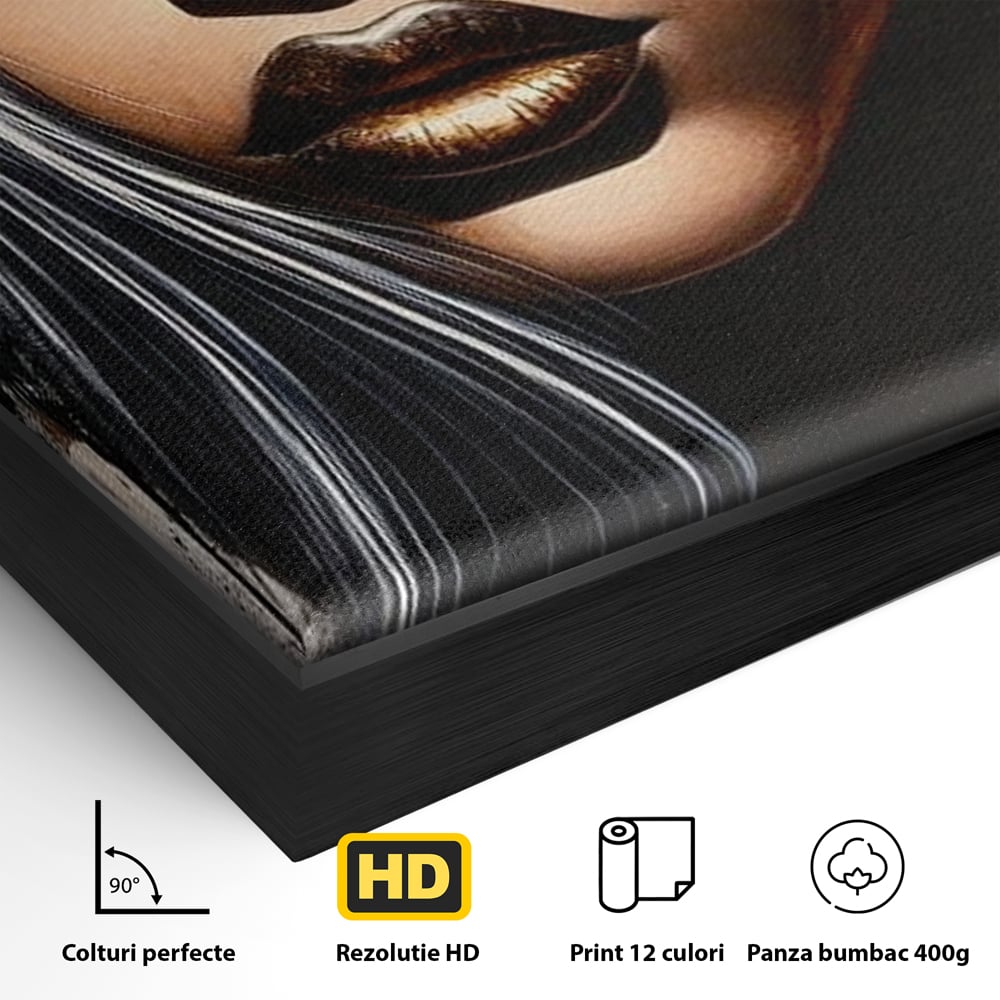 Detaliu al suprafetei: tablou canvas cu femeie si coroana aurie, in rama de aluminiu negru