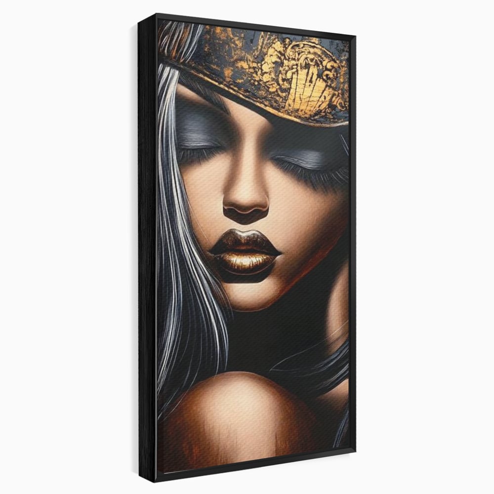 Tablou canvas cu tablou canvas cu femeie si coroana aurie, in rama de aluminiu negru
