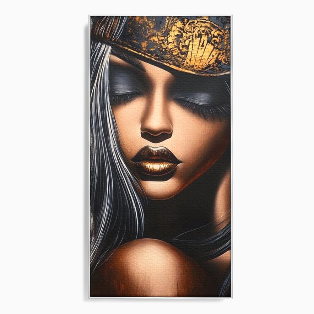 Tablou canvas cu tablou canvas cu femeie si coroana aurie, in rama de aluminiu argintiu