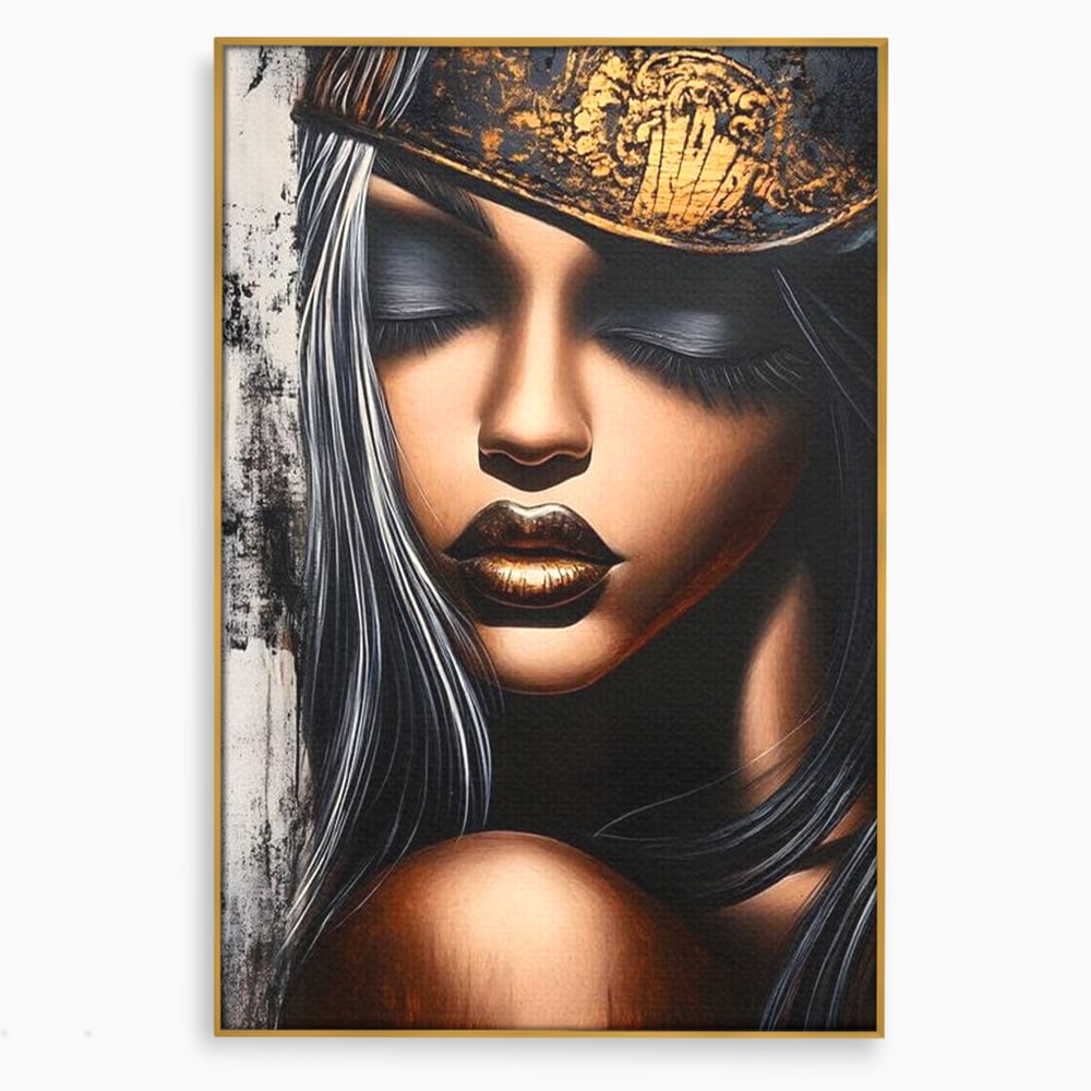 Tablou canvas cu tablou canvas cu femeie si coroana aurie, in rama de aluminiu auriu