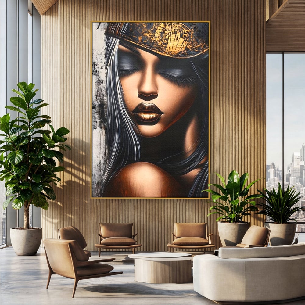 Tablou canvas cu tablou canvas cu femeie si coroana aurie, in rama de aluminiu auriu, pe perete intr-un birou