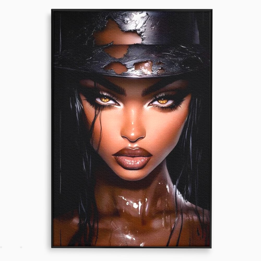 Tablou canvas cu tablou canvas cu portret de femeie, in rama de aluminiu negru