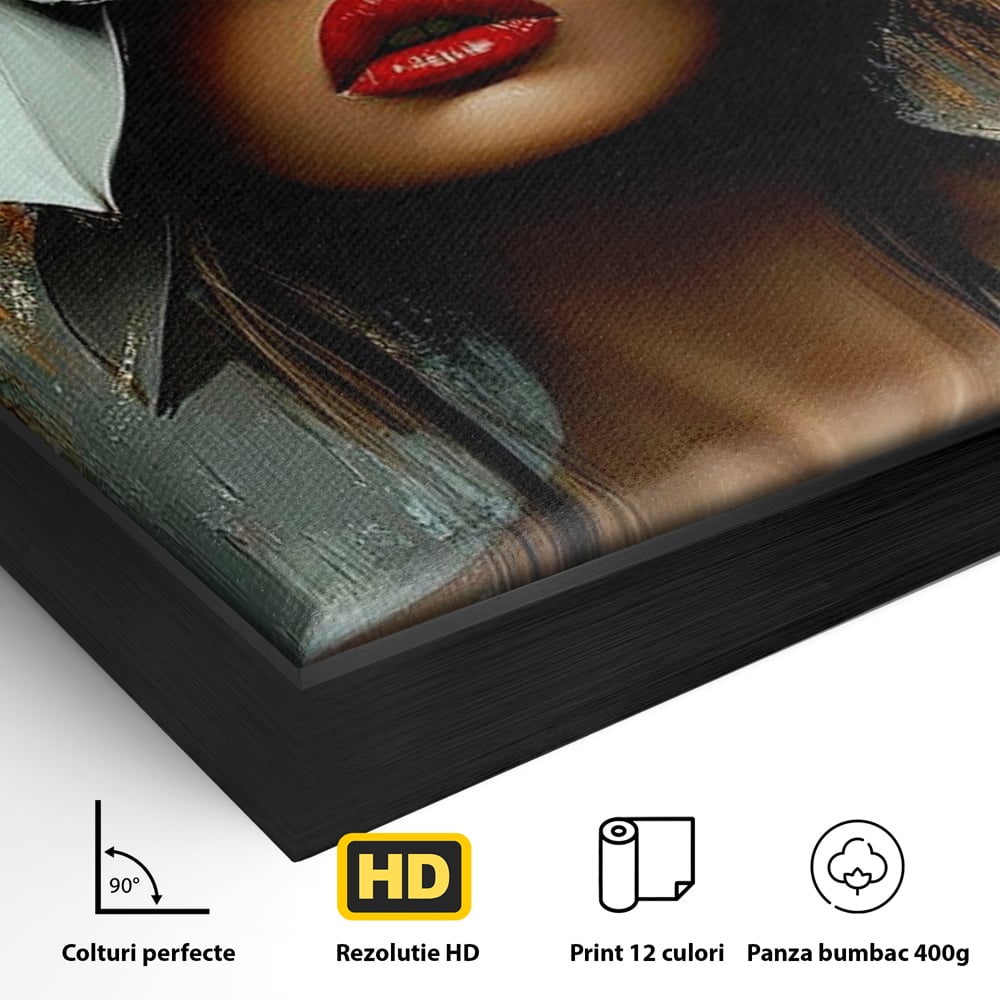Detaliu al suprafetei: tablou canvas cu femeie si flori, in rama de aluminiu negru