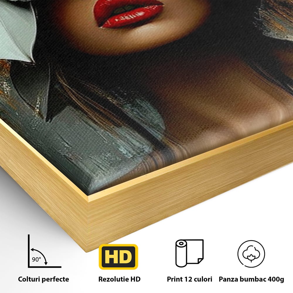 Detaliu al suprafetei: tablou canvas cu femeie si flori, in rama de aluminiu auriu