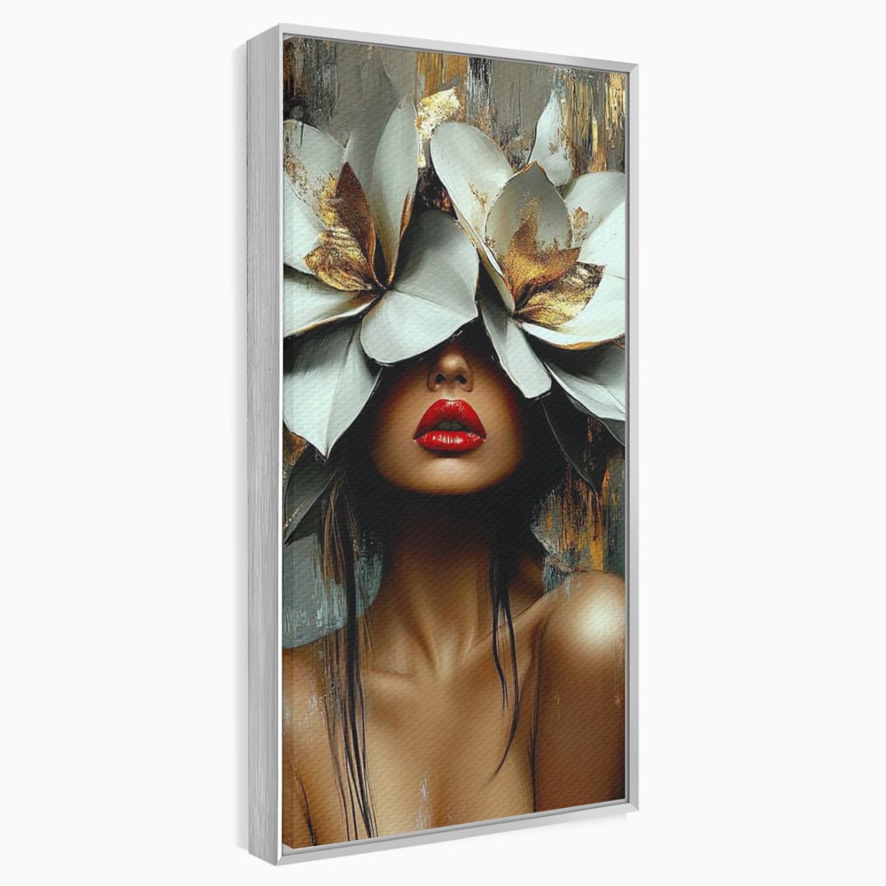 Tablou canvas cu tablou canvas cu femeie si flori, in rama de aluminiu argintiu