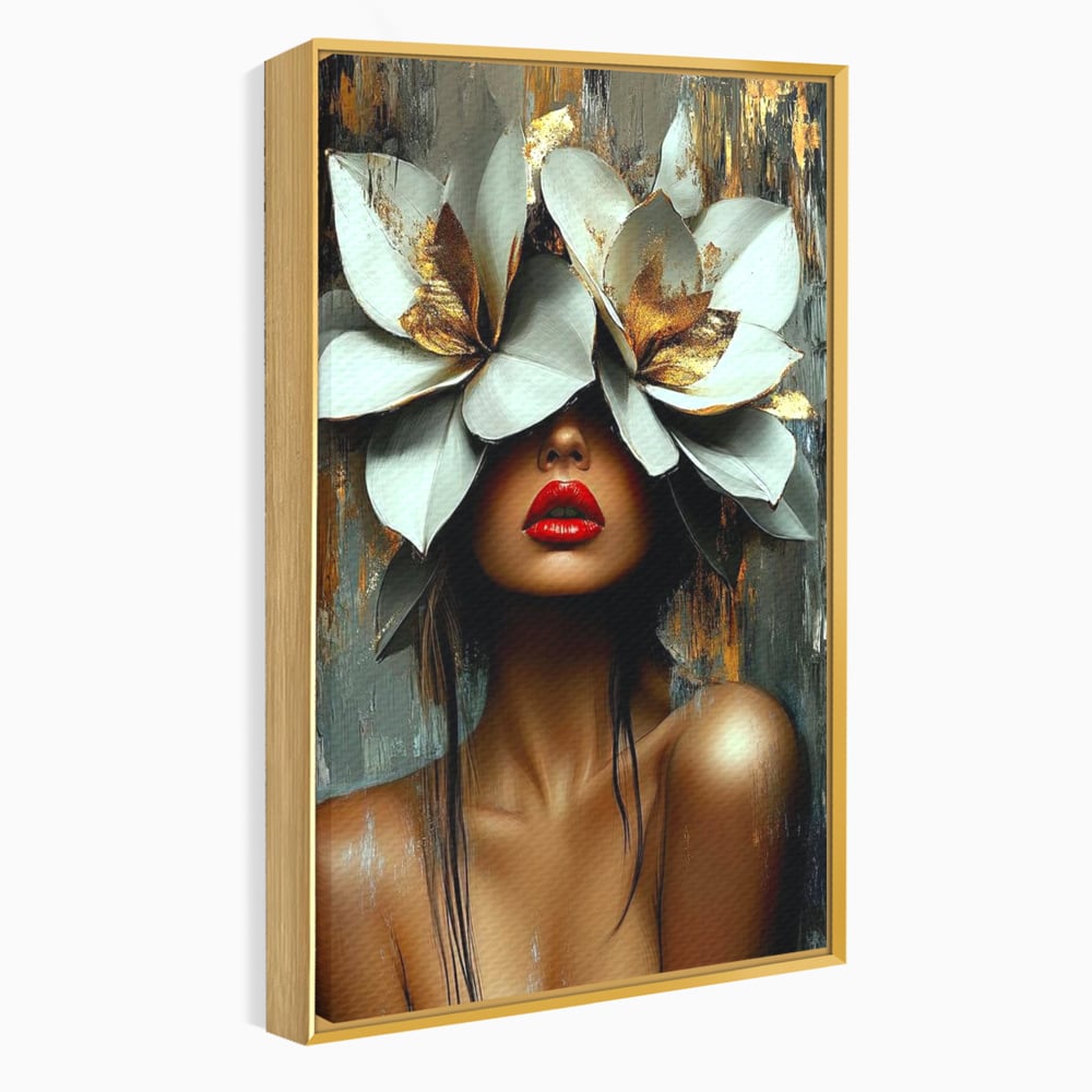 Tablou canvas cu tablou canvas cu femeie si flori, in rama de aluminiu auriu