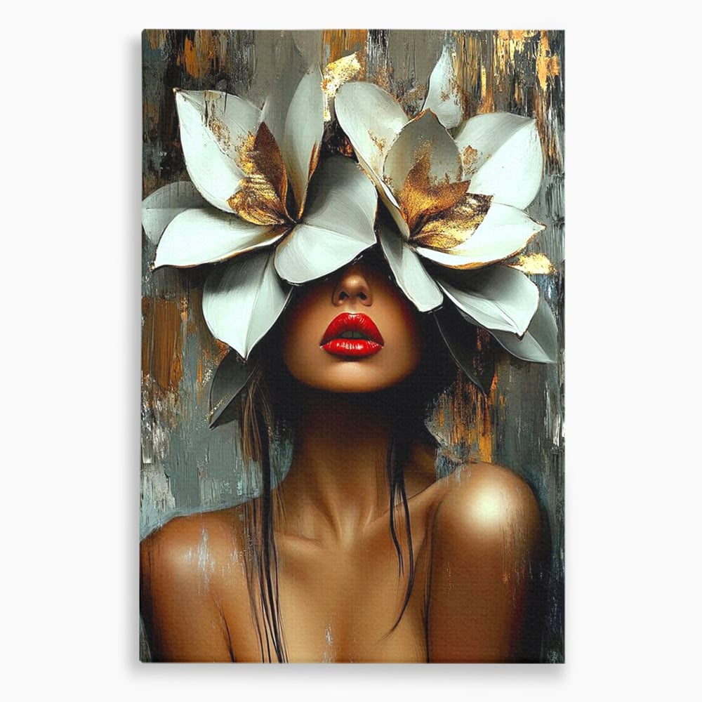 Tablou canvas cu tablou canvas cu femeie si flori, fara rama, pe sasiu de lemn