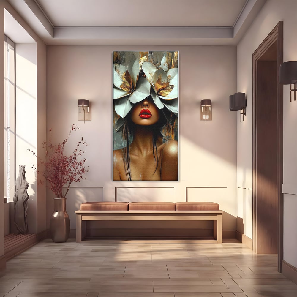 Tablou canvas cu tablou canvas cu femeie si flori, in rama de aluminiu argintiu