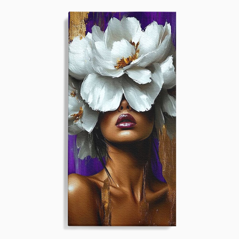 Tablou canvas cu tablou canvas cu femeie si flori albe, fara rama, pe sasiu de lemn