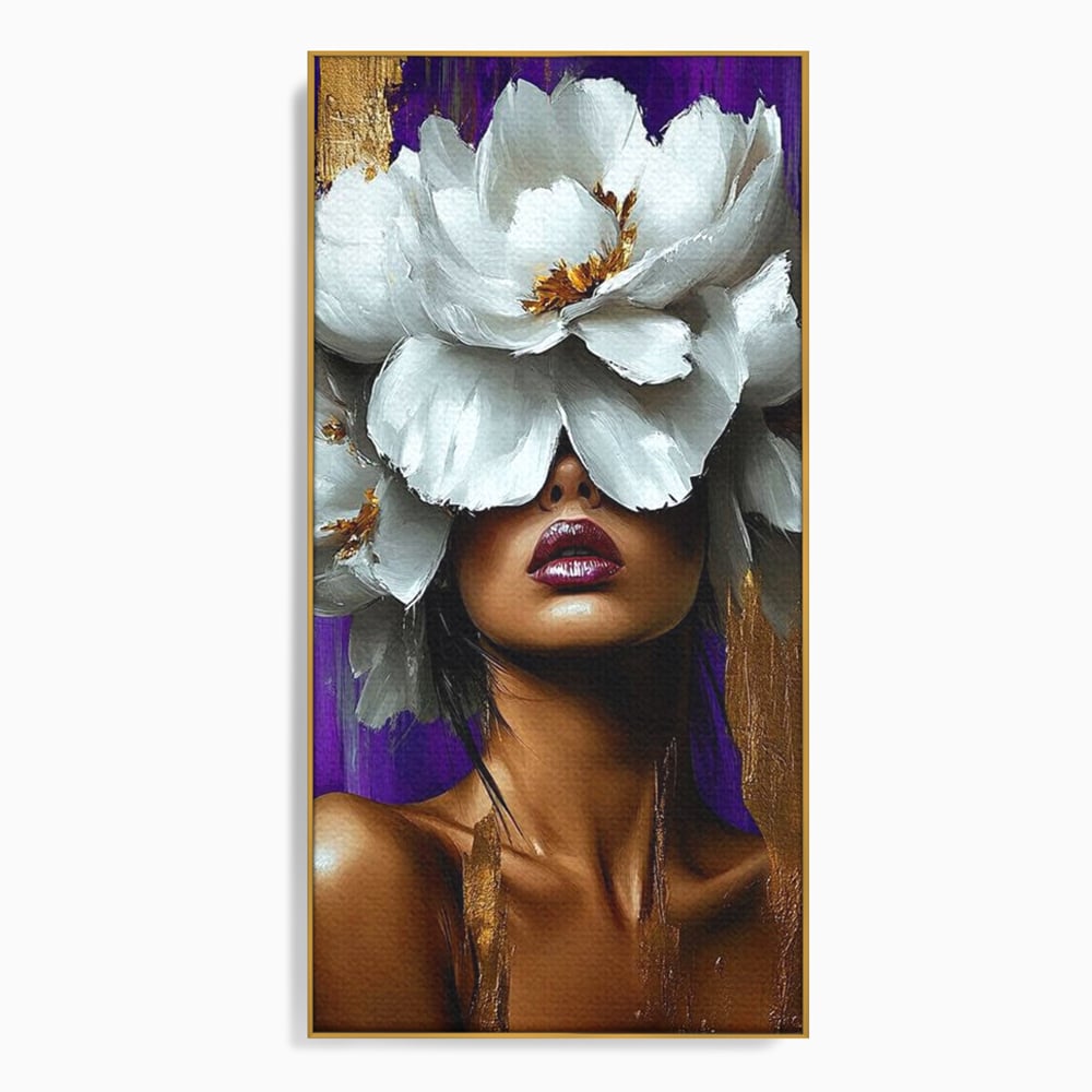 Tablou canvas cu tablou canvas cu femeie si flori albe, in rama de aluminiu auriu