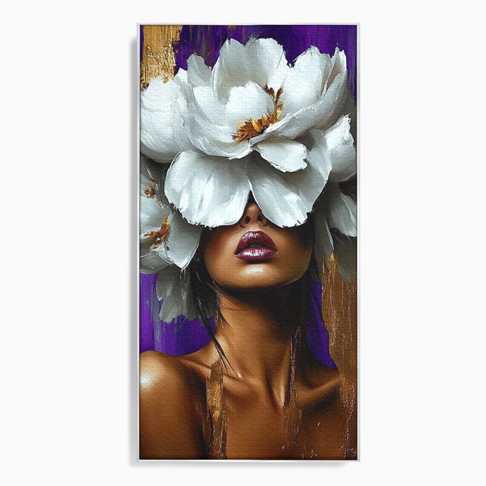 Tablou canvas cu tablou canvas cu femeie si flori albe, in rama de aluminiu argintiu