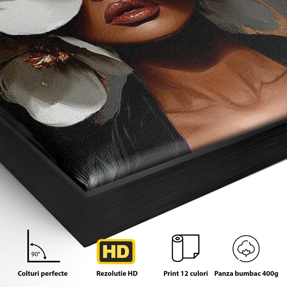 Detaliu al suprafetei: tablou canvas cu femeie si magnolii, in rama de aluminiu negru