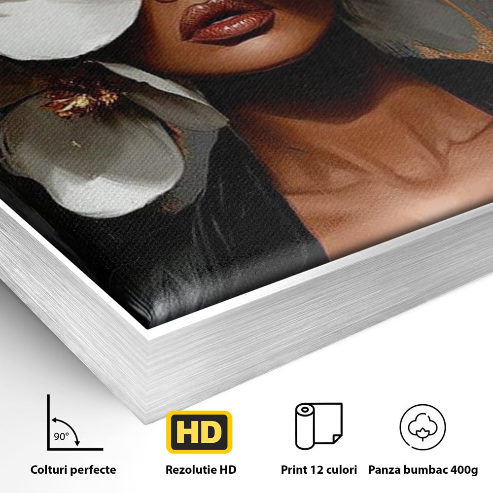 Detaliu al suprafetei: tablou canvas cu femeie si magnolii, in rama de aluminiu argintiu