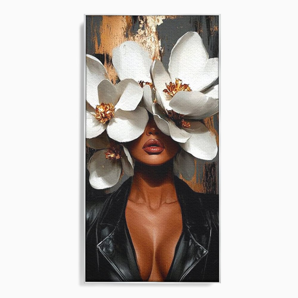 Tablou canvas cu tablou canvas cu femeie si magnolii, in rama de aluminiu argintiu
