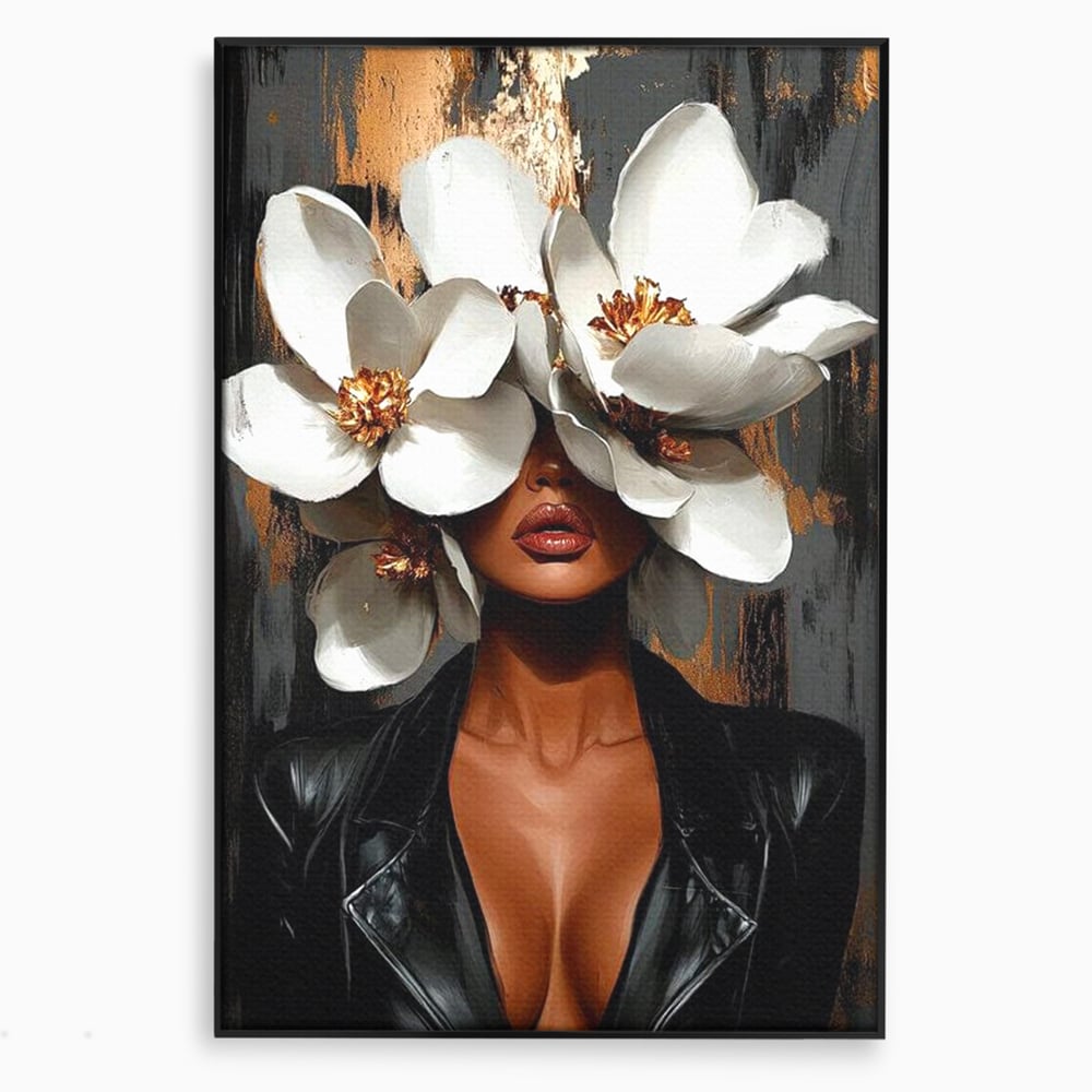 Tablou canvas cu tablou canvas cu femeie si magnolii, in rama de aluminiu negru