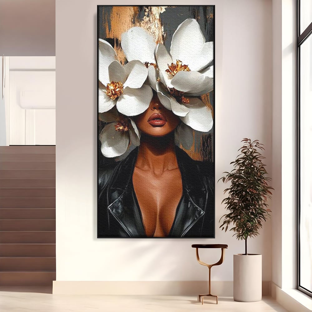 Tablou canvas cu tablou canvas cu femeie si magnolii, in rama de aluminiu negru