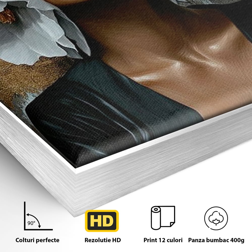 Detaliu al suprafetei: tablou canvas cu silueta feminina, in rama de aluminiu argintiu