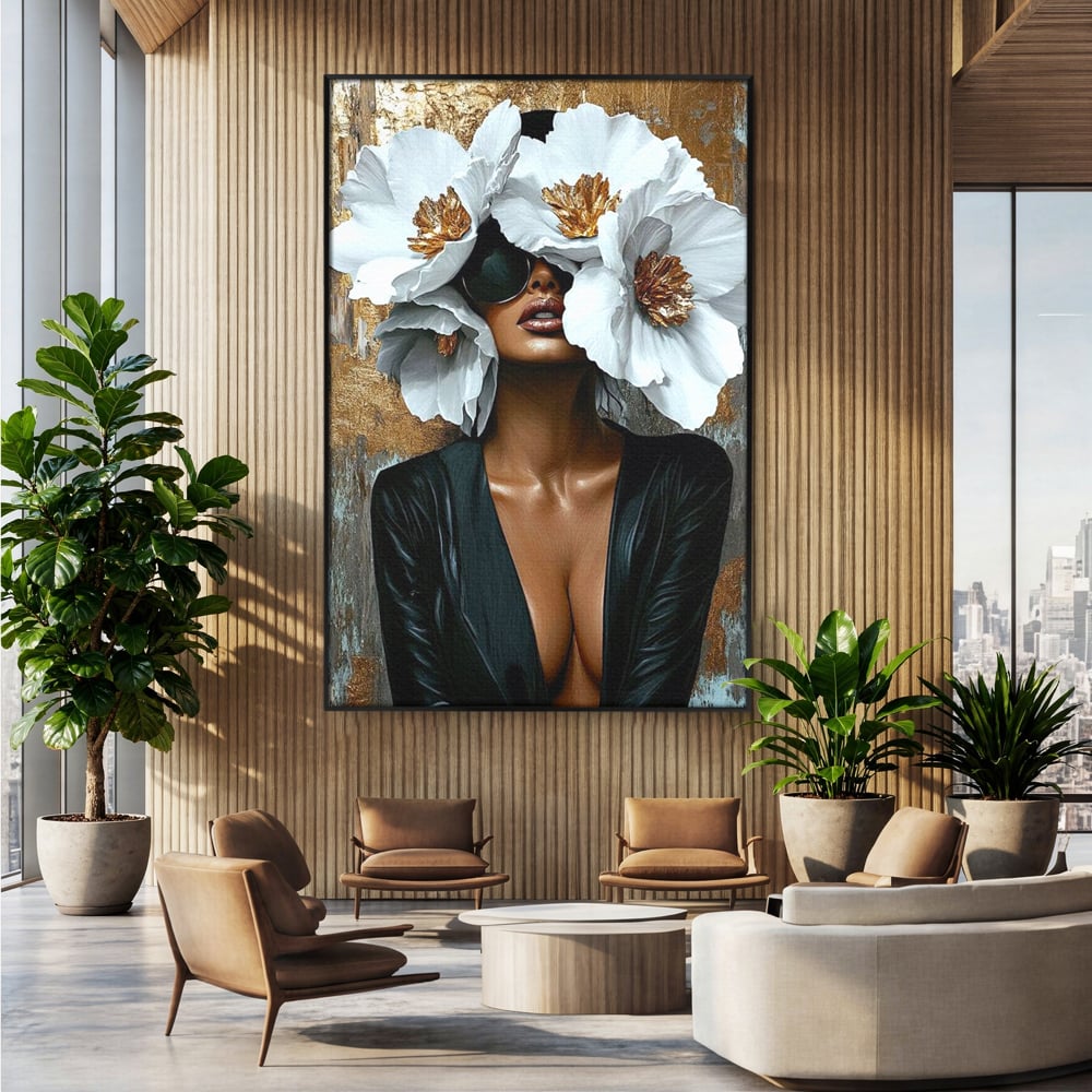 Tablou canvas cu tablou canvas cu silueta feminina, in rama de aluminiu negru, pe perete intr-un birou