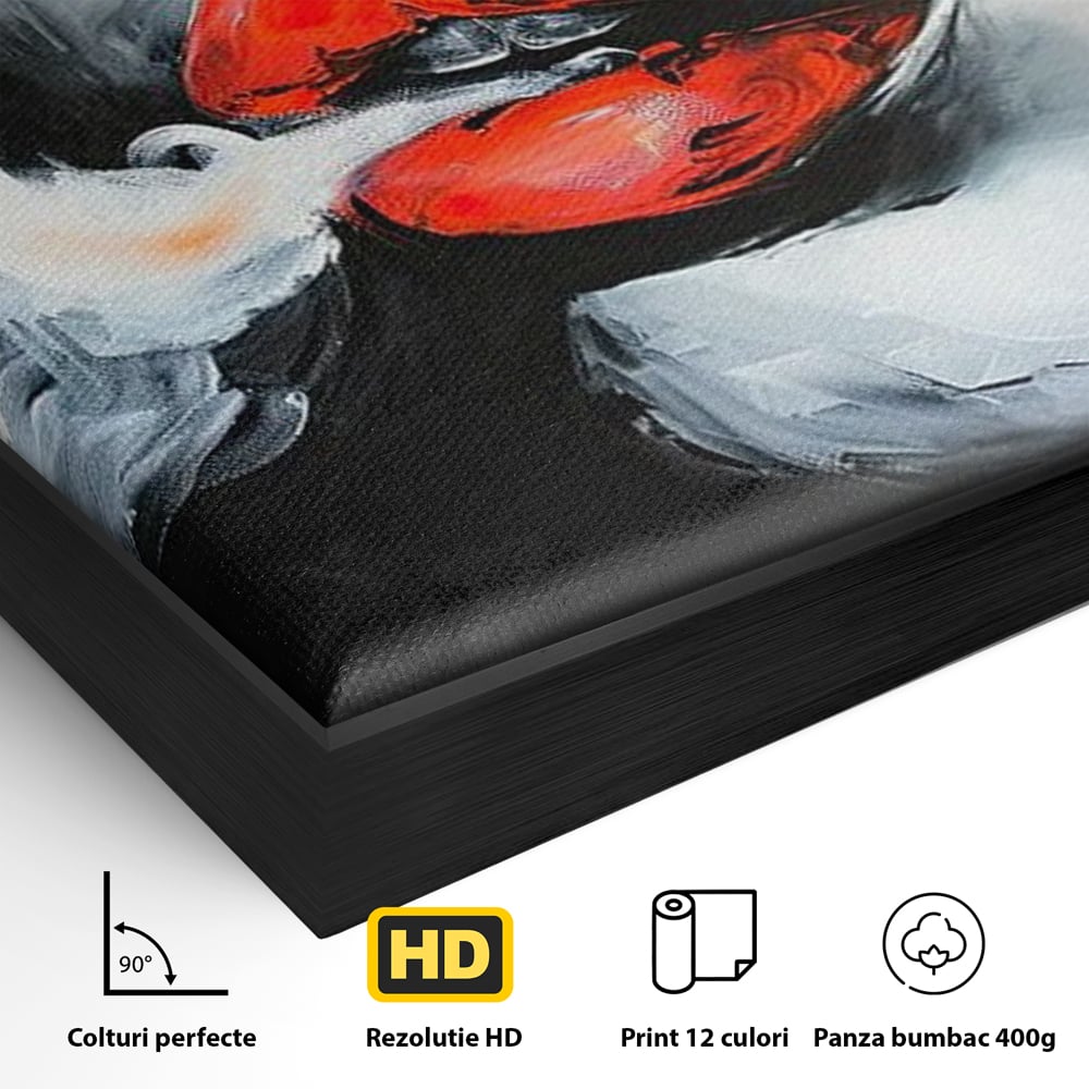 Detaliu al suprafetei: tablou canvas cu buze rosii si fum, in rama de aluminiu negru