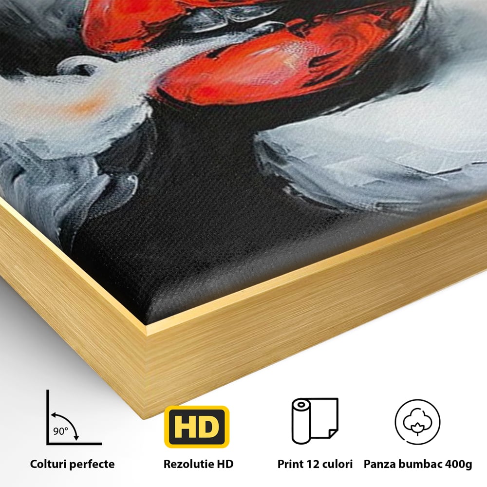 Detaliu al suprafetei: tablou canvas cu buze rosii si fum, in rama de aluminiu auriu