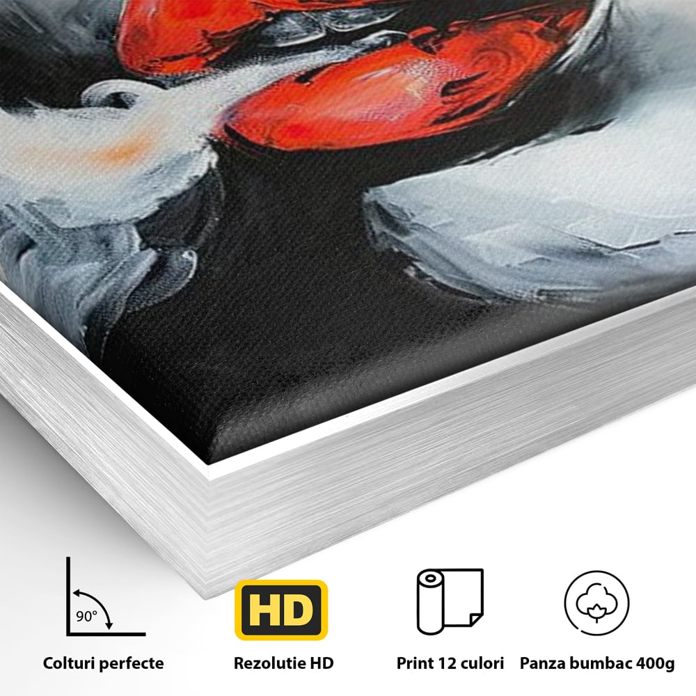 Detaliu al suprafetei: tablou canvas cu buze rosii si fum, in rama de aluminiu argintiu