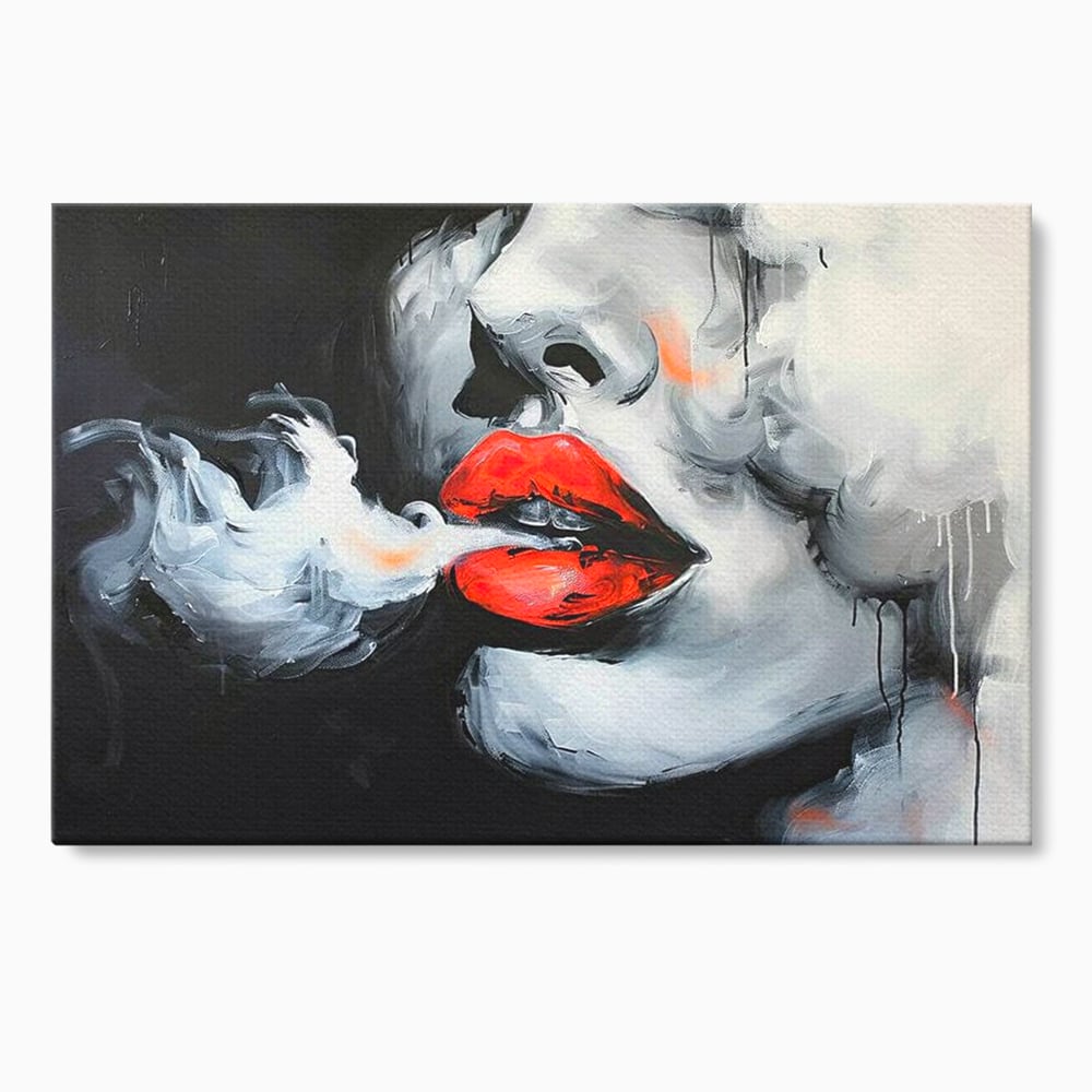 Tablou canvas cu tablou canvas cu buze rosii si fum, fara rama, pe sasiu de lemn