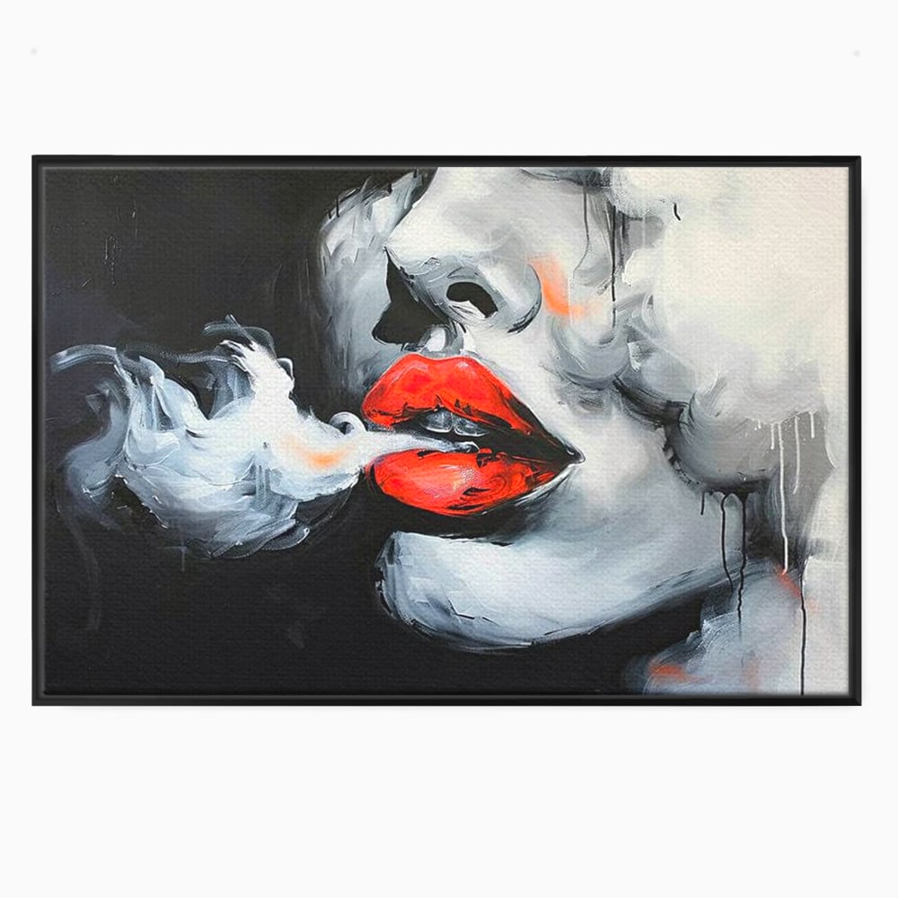 Tablou canvas cu tablou canvas cu buze rosii si fum, in rama de aluminiu negru