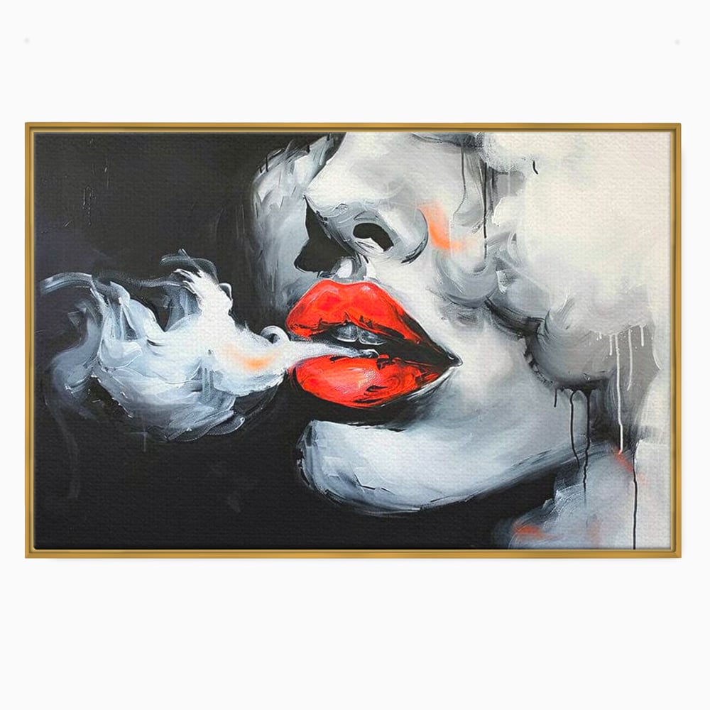 Tablou canvas cu tablou canvas cu buze rosii si fum, in rama de aluminiu auriu