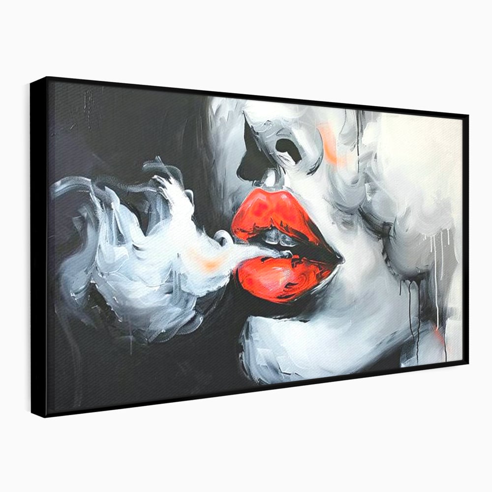 Tablou canvas cu tablou canvas cu buze rosii si fum, in rama de aluminiu negru