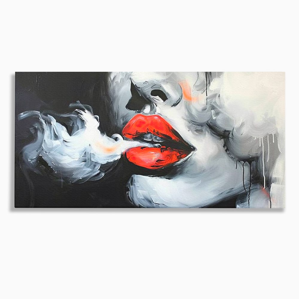 Tablou canvas cu tablou canvas cu buze rosii si fum, fara rama, pe sasiu de lemn