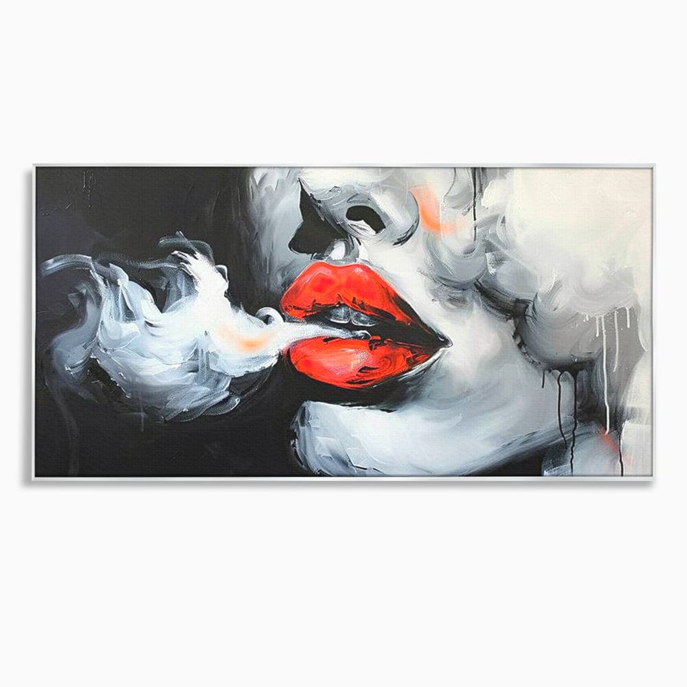 Tablou canvas cu tablou canvas cu buze rosii si fum, in rama de aluminiu argintiu