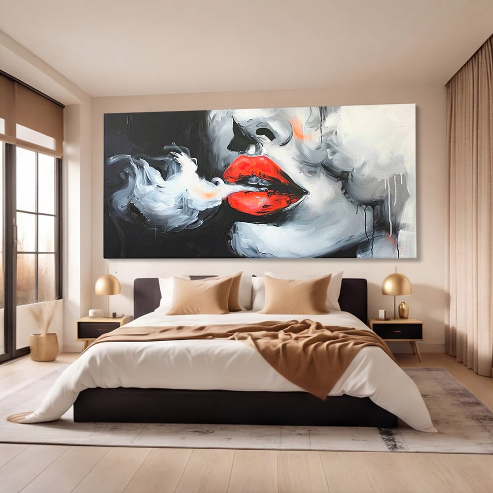 Tablou canvas cu tablou canvas cu buze rosii si fum, fara rama, pe sasiu de lemn, pe perete intr-un dormitor