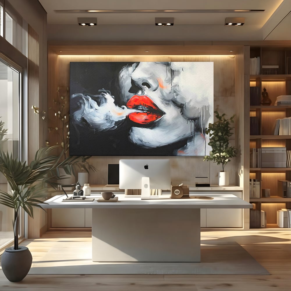 Tablou canvas cu tablou canvas cu buze rosii si fum, fara rama, pe sasiu de lemn, pe perete intr-un birou