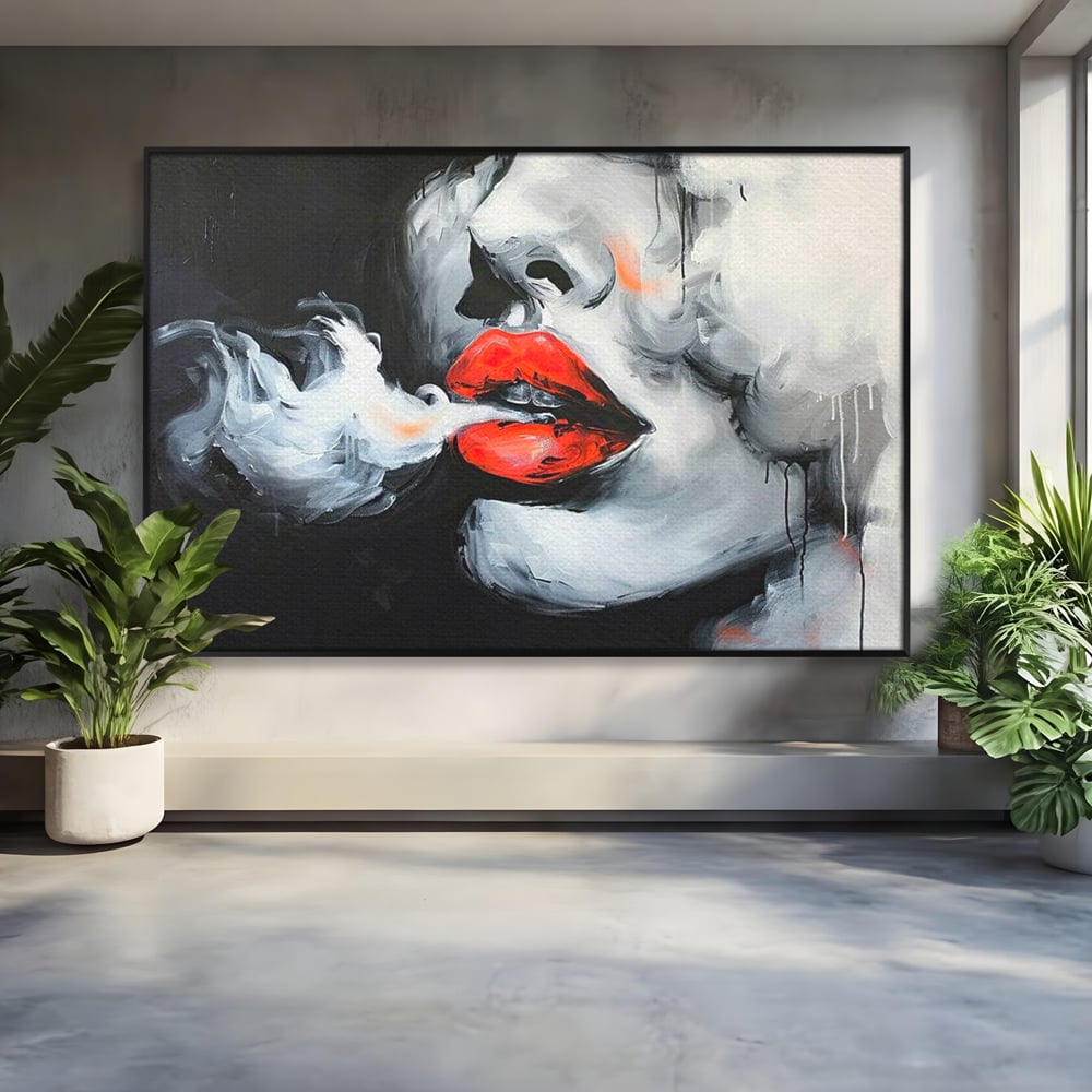 Tablou canvas cu tablou canvas cu buze rosii si fum, in rama de aluminiu negru