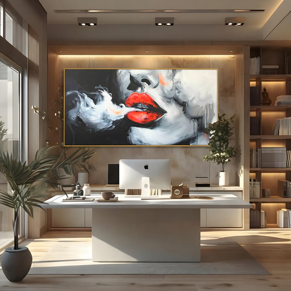 Tablou canvas cu tablou canvas cu buze rosii si fum, in rama de aluminiu auriu, pe perete intr-un birou