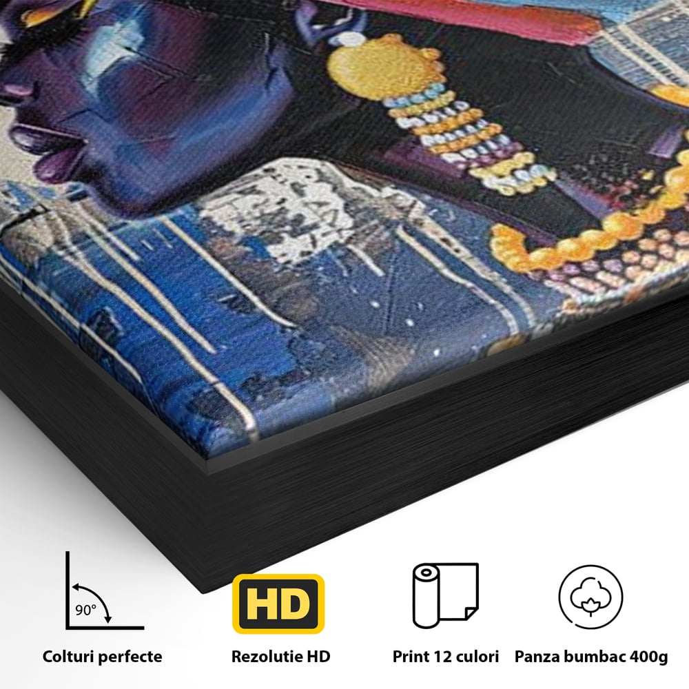 Detaliu al suprafetei: tablou canvas cu regina africana in profil, in rama de aluminiu negru