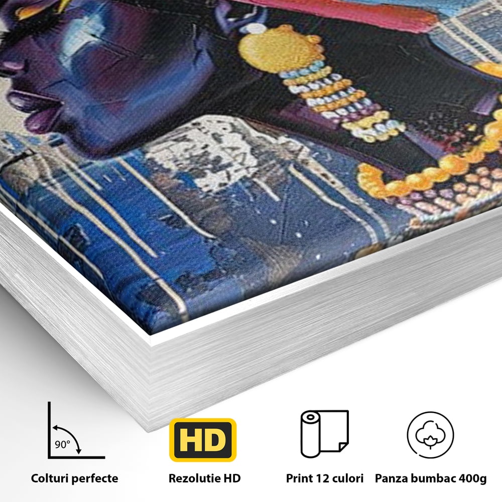 Detaliu al suprafetei: tablou canvas cu regina africana in profil, in rama de aluminiu argintiu