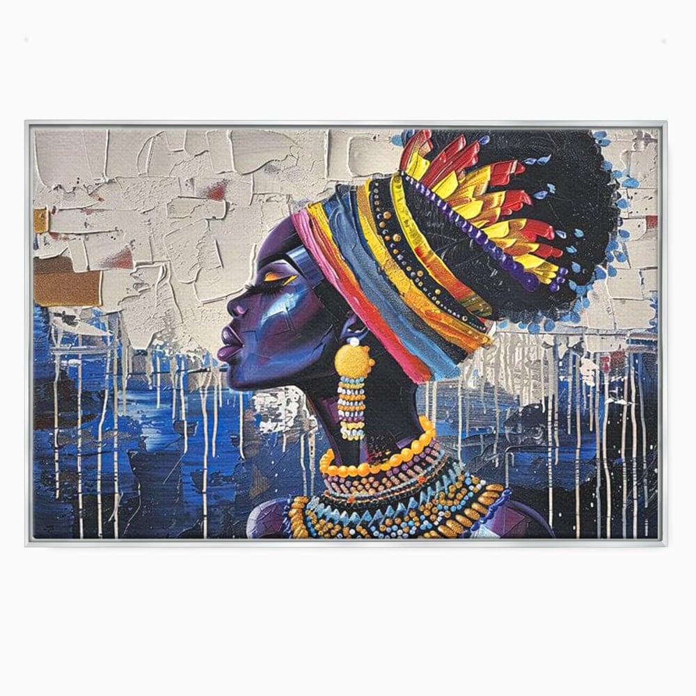 Tablou canvas cu tablou canvas cu regina africana in profil, in rama de aluminiu argintiu