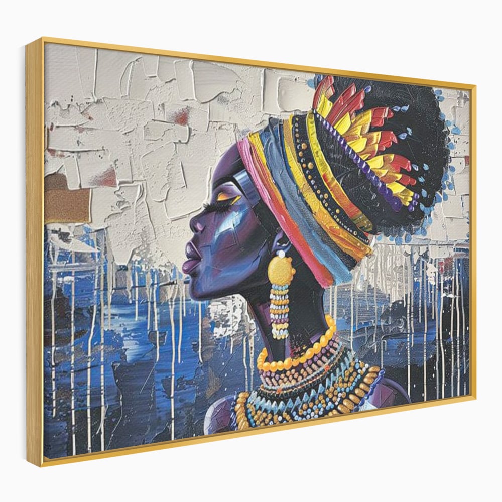 Tablou canvas cu tablou canvas cu regina africana in profil, in rama de aluminiu auriu